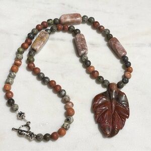 Hand Carved Leaf Pendant And Beaded Red Green Gray Jasper Natural Necklace